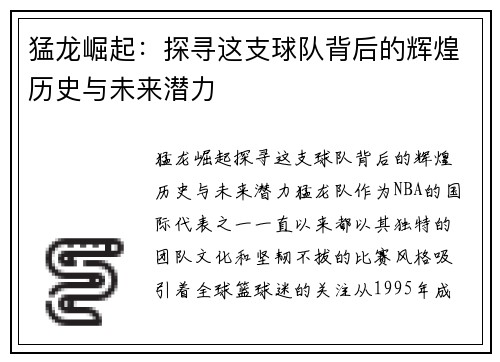 猛龙崛起：探寻这支球队背后的辉煌历史与未来潜力
