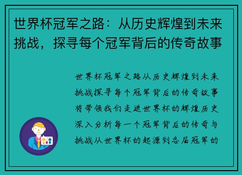 世界杯冠军之路：从历史辉煌到未来挑战，探寻每个冠军背后的传奇故事